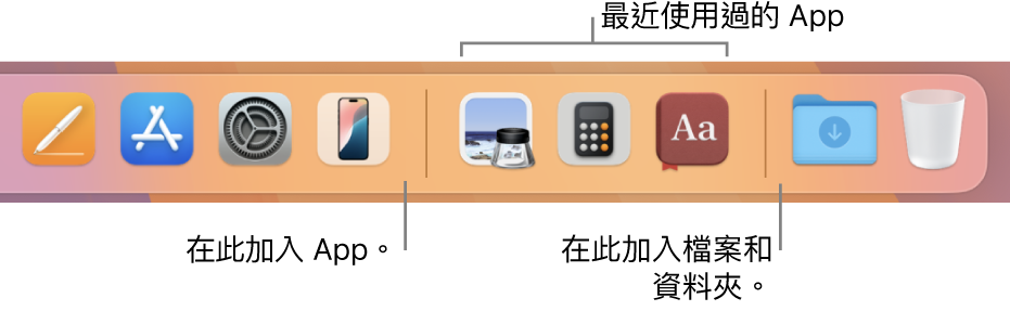 Dock 的最右邊顯示分隔線，其後是最近使用過的 App 的區域。