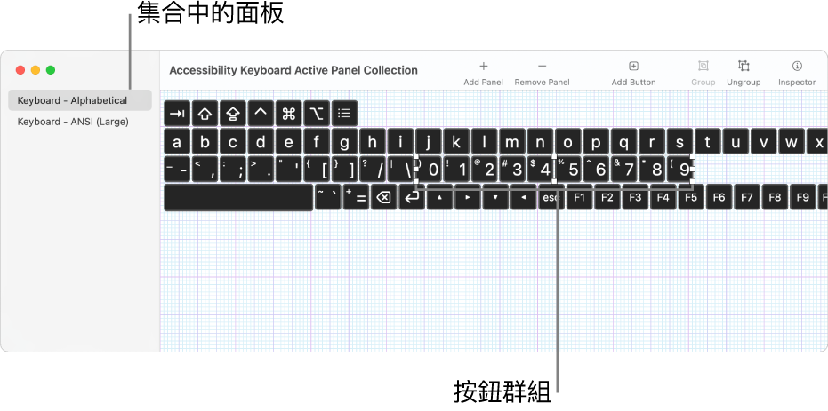 面板集合視窗的一部分，在左側顯示鍵盤面板列表；在右側顯示面板中包含的按鈕和群組。