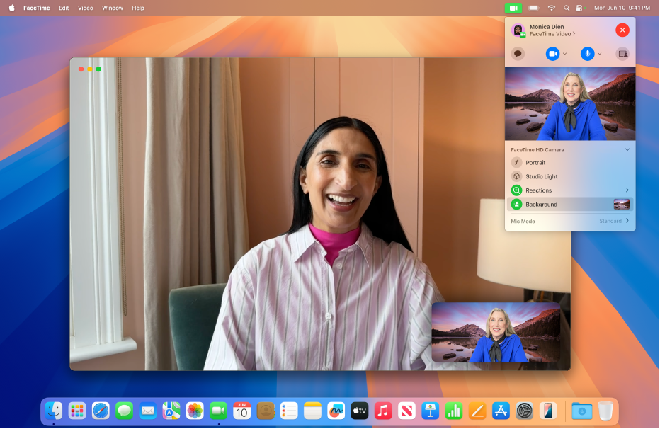 Mac 桌面显示 FaceTime 通话，其中有人更换了背景以显示风景照片。