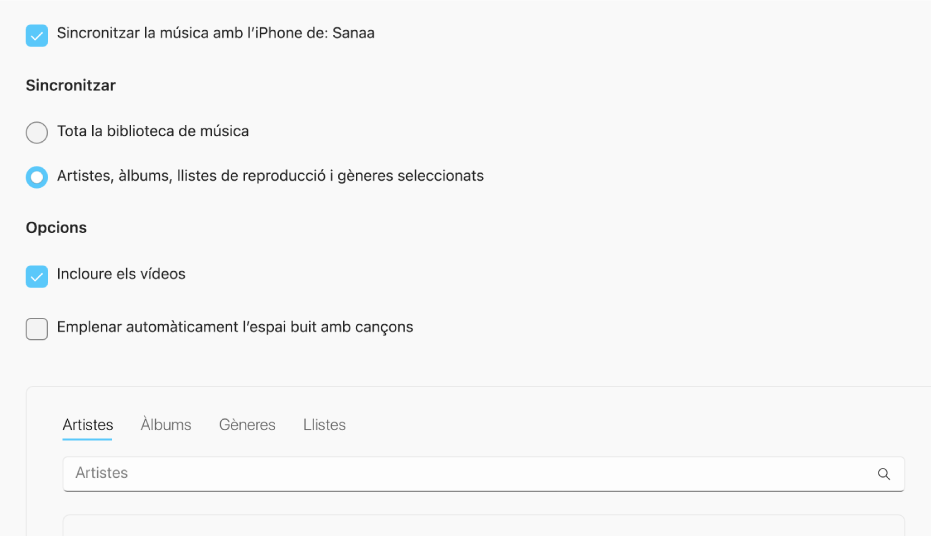 La casella “Sincronitzar la música al dispositiu” amb opcions addicionals per sincronitzar tota la biblioteca o només la música, les notes de veu i els vídeos seleccionats.