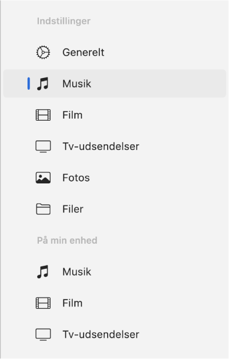 Indholdsoversigten med Musik valgt.