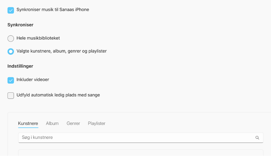 Afkrydsningsfeltet ”Synkroniser musik til enhed” vises med yderligere indstillinger for synkronisering af hele dit bibliotek eller kun udvalgt musik med videoer og indtalte memoer.
