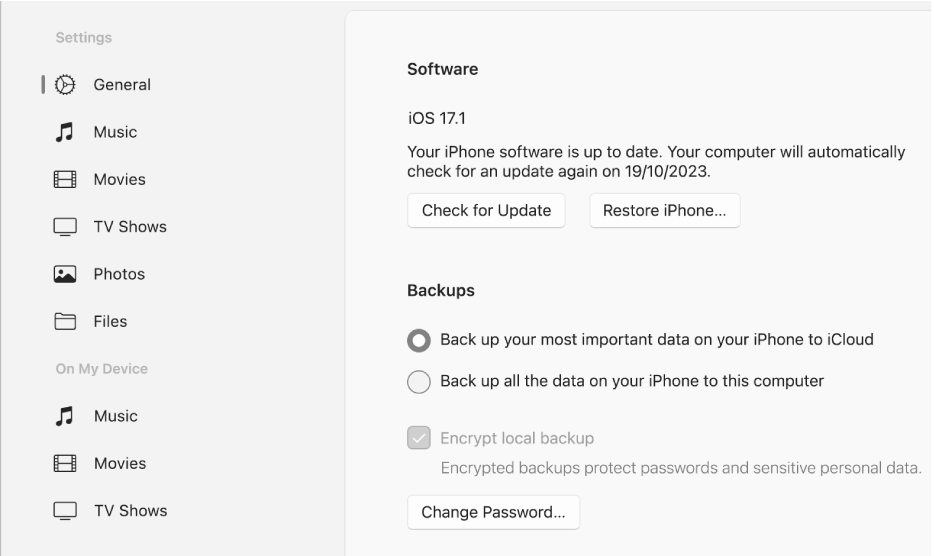 The Apple Devices main window showing the software, backup and other options