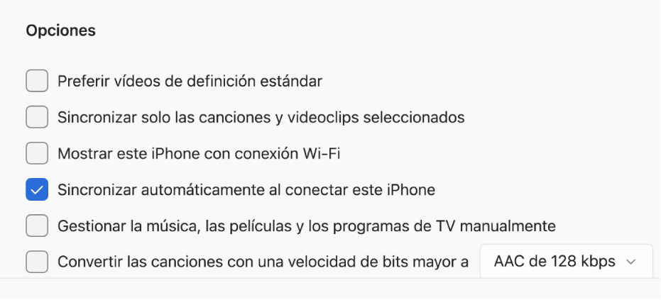 Opciones para sincronizar el dispositivo Apple y el dispositivo Windows. La opción “Sincronizar automáticamente al conectar este iPhone” está seleccionada.