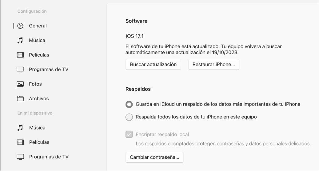 La ventana principal de la app Dispositivos Apple mostrando las opciones de software, respaldos, y otras