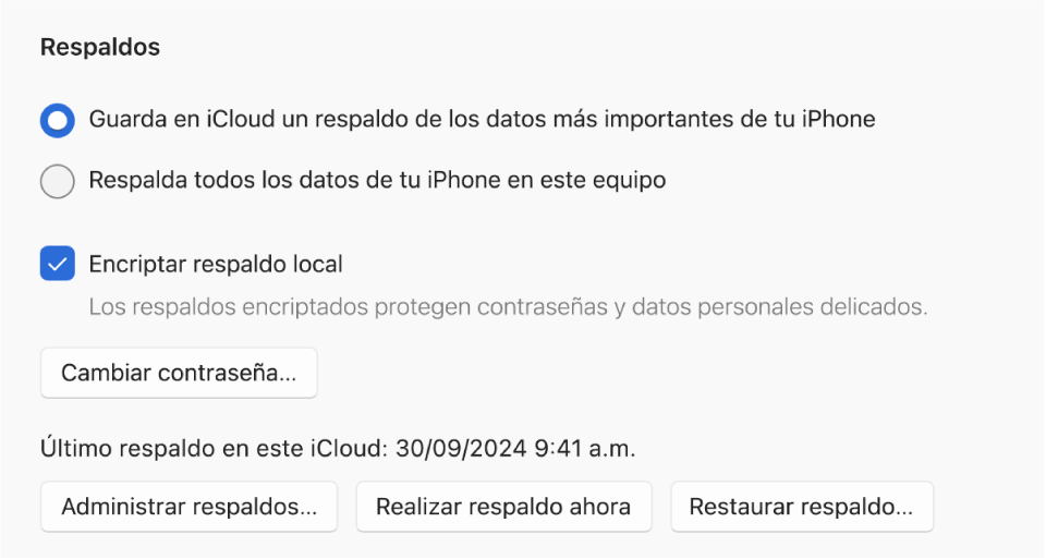 Las opciones para hacer un respaldo de los datos de un dispositivo muestran dos botones para elegir entre hacer un respaldo en iCloud o en el equipo con Windows, la casilla de verificación Encriptar respaldo local, que permite encriptar los datos del respaldo, y botones adicionales para administrar respaldos, restaurar a partir de un respaldo e iniciar un respaldo.