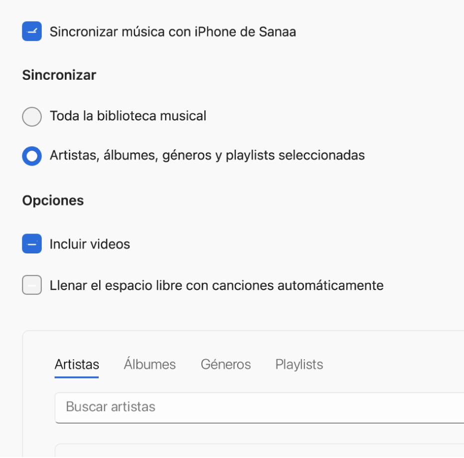 La ventana de la app Dispositivos Apple mostrando la opción para sincronizar música.