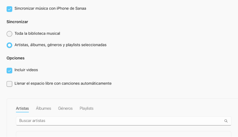 La casilla Sincronizar música con el dispositivo aparece con opciones adicionales para sincronizar toda tu biblioteca, o sólo la música seleccionada con videos y notas de voz.