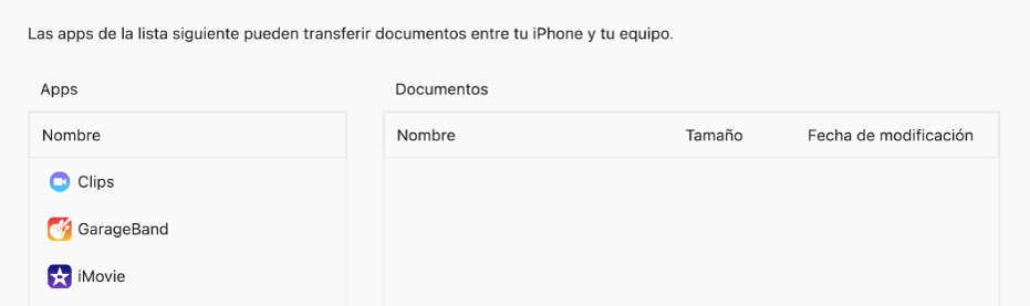 La ventana Archivos mostrando apps que pueden sincronizarse con un dispositivo.