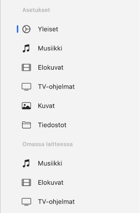 Sivupalkki, jossa on Yleiset-painike ja painikkeet sisällölle, kuten musiikille, elokuville, TV-ohjelmille ja muille.