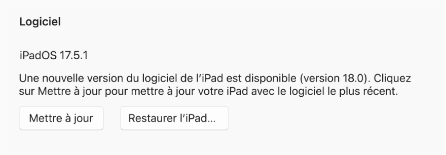 Le bouton « Restaurer [appareil] » s’affiche à côté du bouton « Rechercher les mises à jour ».