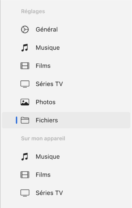 La barre latérale avec lʼoption Fichiers sélectionnée.