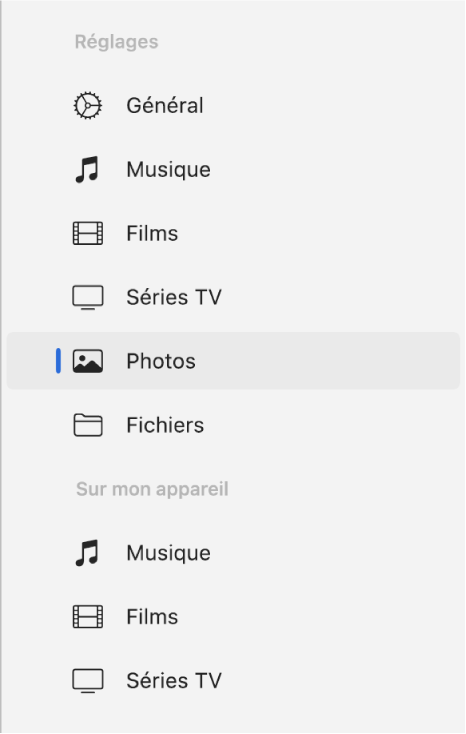 La barre latérale avec lʼoption Photos sélectionnée.