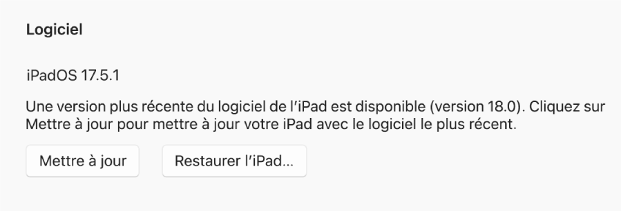 Le bouton « Restaurer [l’appareil] » s’affiche en regard du bouton « Rechercher les mises à jour ».