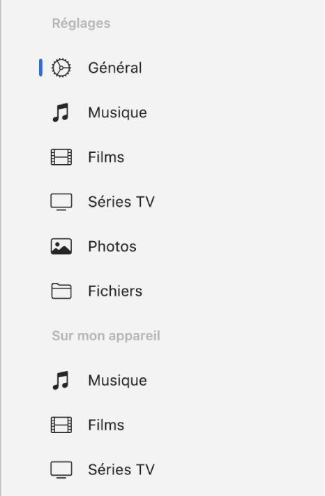 La barre latérale montrant le bouton Général et les boutons pour le contenu tel que les morceaux, les films, les séries TV et plus encore.