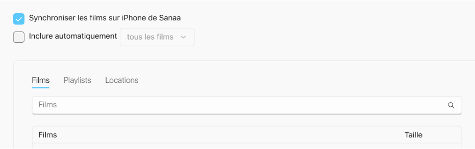 Le menu local « Inclure automatiquement » avec la case « Synchroniser les films sur [l’appareil] » cochée au-dessus.
