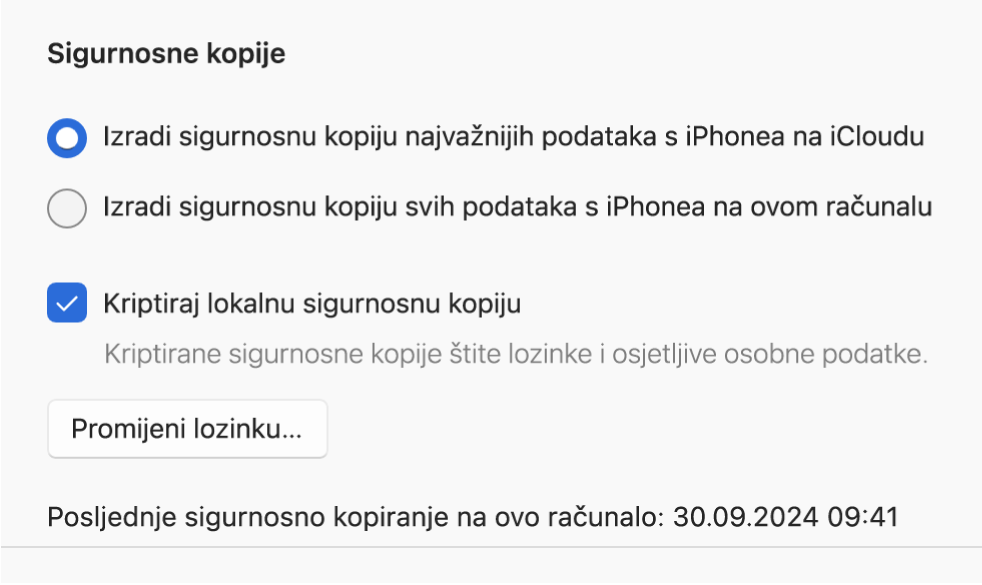 Prozor aplikacije Apple uređaji s prikazom opcija za sigurnosno kopiranje i obnovu Apple uređaja.