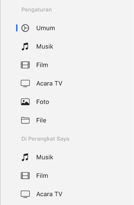 Bar samping menampilkan tombol Umum serta tombol untuk konten seperti musik, film, acara TV, dan lainnya.