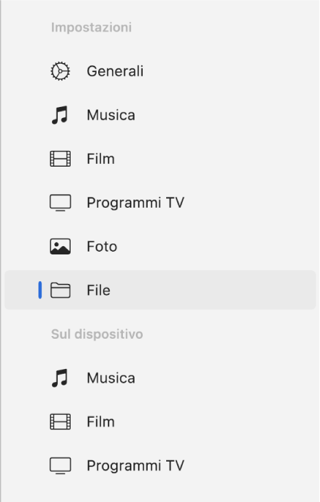 La barra laterale con l’opzione File selezionata.