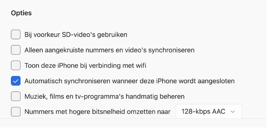 Opties voor het synchroniseren van je Apple apparaat en Windows-apparaat. 'Automatisch synchroniseren wanneer deze iPhone wordt aangesloten' is geselecteerd.