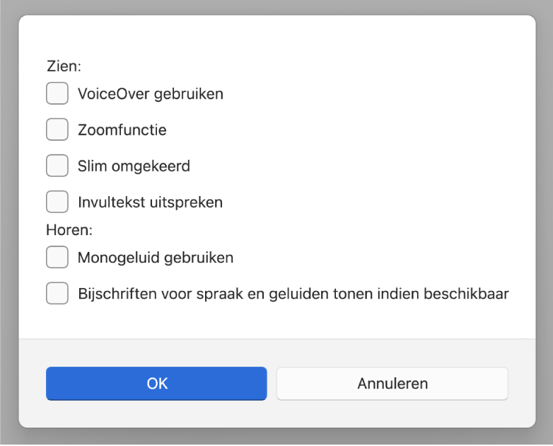 Toegankelijkheidsfuncties in de Apple Devices-app, met opties voor 'VoiceOver gebruiken', 'Zoomfunctie', 'Slim omgekeerd', 'Invultekst uitspreken', 'Monogeluid gebruiken' en 'Bijschriften voor spraak en geluiden tonen indien beschikbaar'.