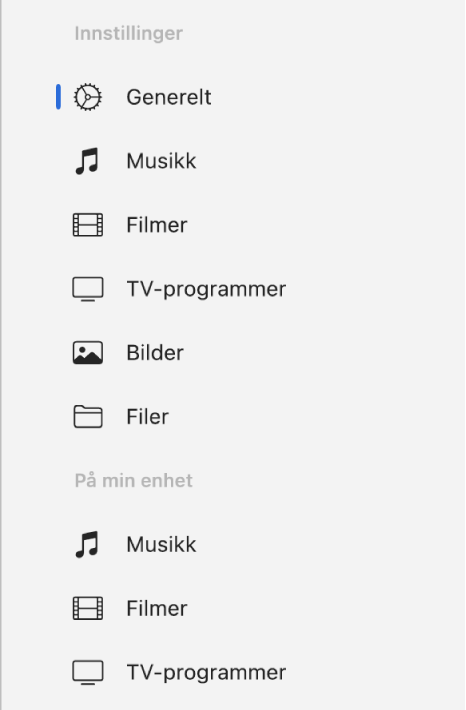 Sidepanelet med Generelt-knappen og knapper for innhold som musikk, filmer, TV-programmer og annet.