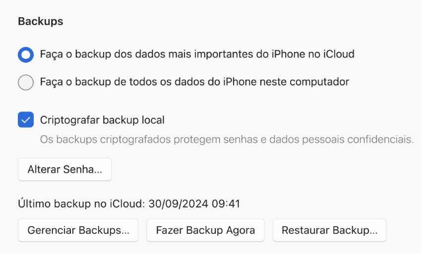 As opções para fazer backup de dados de um dispositivo mostrando dois botões para selecionar backup no iCloud ou no dispositivo Windows, uma caixa de seleção “Criptografar backup local” para criptografar os dados do backup e botões adicionais para gerenciar backups, restaurar de um backup ou iniciar um backup.