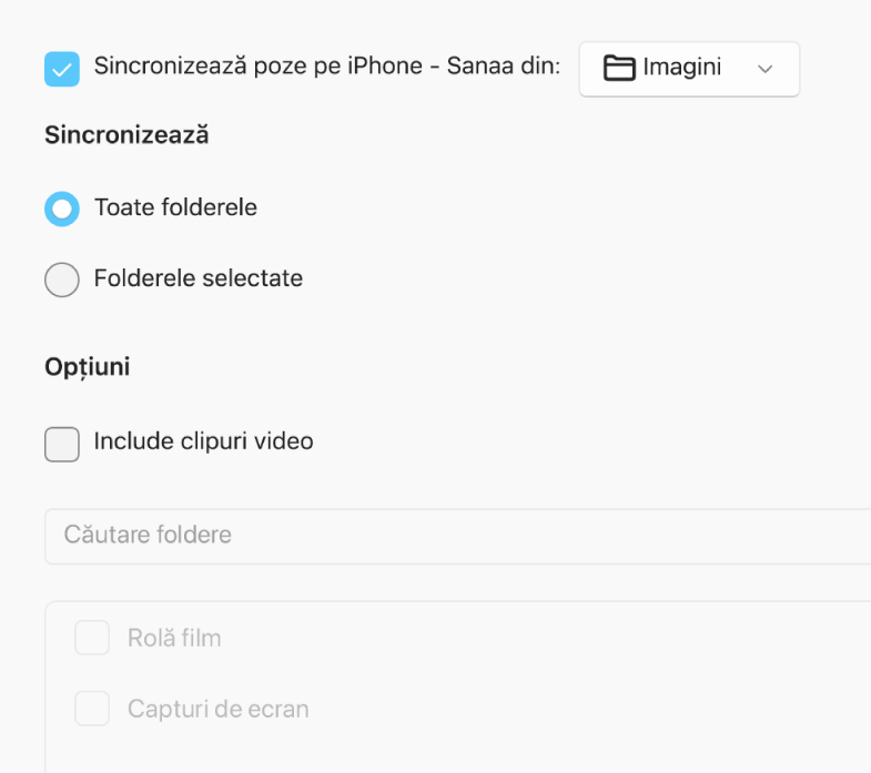Butoanele radio “Toate pozele și albumele” și “Albumele selectate” apar cu casetele de validare de mai jos, adică “Doar favoritele”, “Include clipuri video” și “Include automat poze din”.