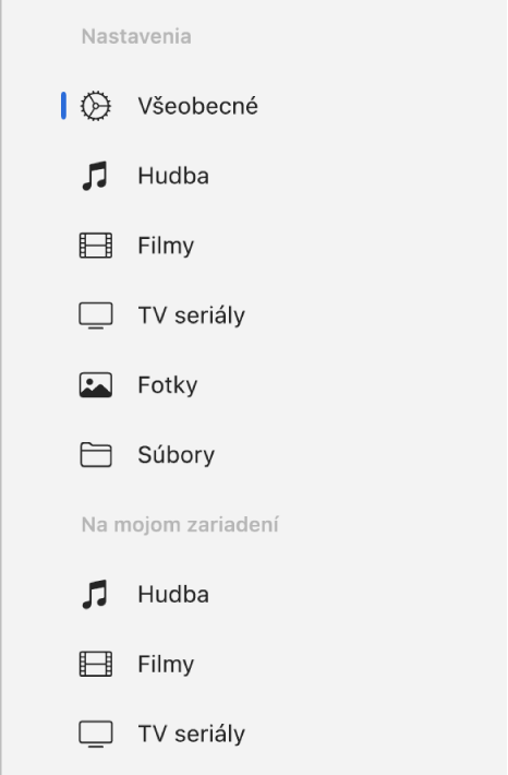 Na postrannom paneli sa zobrazuje tlačidlo Všeobecné a tlačidlá pre jednotlivé typy obsahu, napríklad hudbu, filmy, TV seriály a ďalšie.