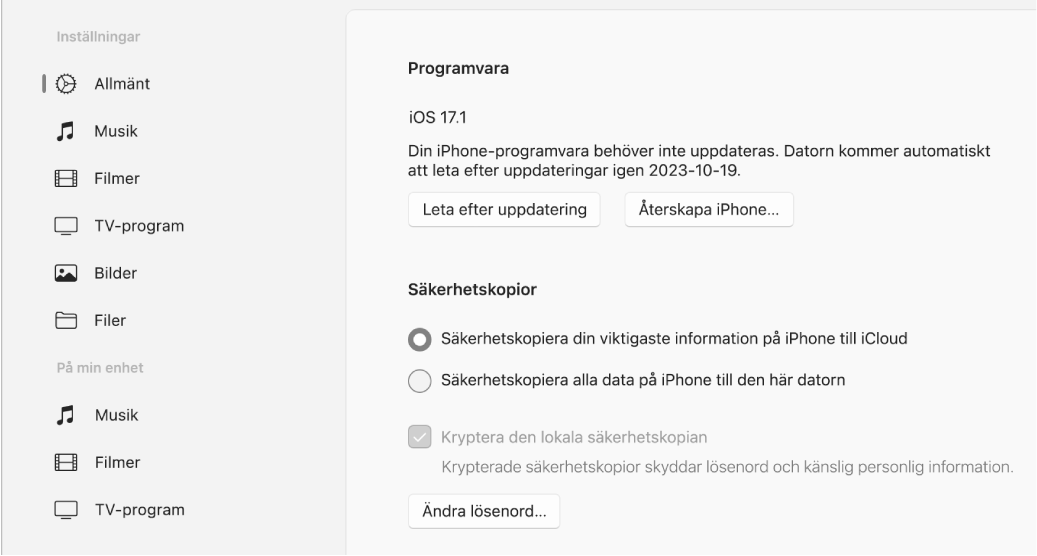 Huvudfönstret i Apple Devices visar alternativ för programvara, säkerhetskopiering med mera