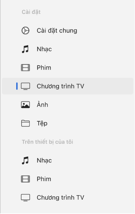 Thanh bên đang hiển thị Chương trình TV được chọn.