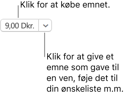 En knap, der viser en pris. Vælg prisen for at købe emnet. Vælg pilen ved siden af prisen for at give emnet som gave til en ven, føje emnet til din ønskeliste m.m.