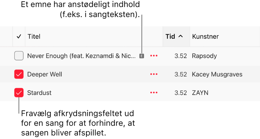 Detaljerede oplysninger om listen med sange i Apple Music, der viser afkrydsningsfelterne og symbolet for anstødeligt indhold for den første sang (hvilket indikerer, at sangen har anstødeligt indhold, f.eks. sangtekst). Fravælg afkrydsningsfeltet ud for en sang for at undgå, at sangen bliver afspillet.