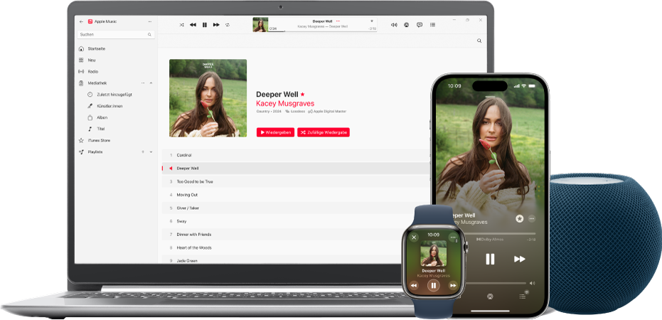 Ein Musiktitel, der auf einem Mac, einem iPhone, einer Apple Watch und einem HomePod abgespielt wird.