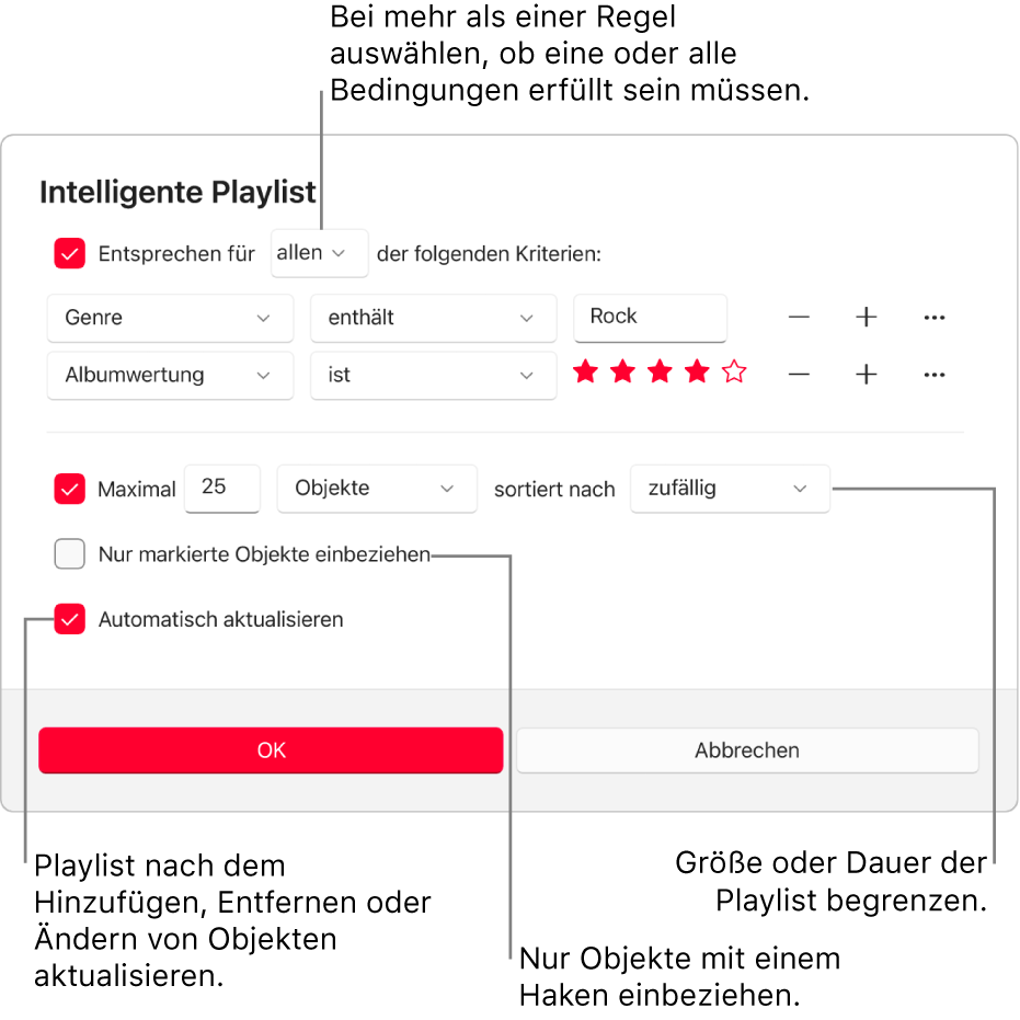 Das Dialogfenster „Intelligente Playlist“: Wähle oben links „Enthält“ und gib die Kriterien für die Playlist an (etwa Genre oder Wertung). Durch Auswählen der Taste „Hinzufügen“ oder „Entfernen“ oben rechts kannst du weitere Regeln hinzufügen oder Regeln entfernen. Im unteren Bereich des Dialogfensters kannst du verschiedene Optionen auswählen, um z. B. die Größe oder Dauer der Playlist zu beschränken, um nur solche Titel aufzunehmen, die markiert sind, oder um Apple Music die Playlist ändern zu lassen, wenn sich Objekte in deiner Mediathek ändern.