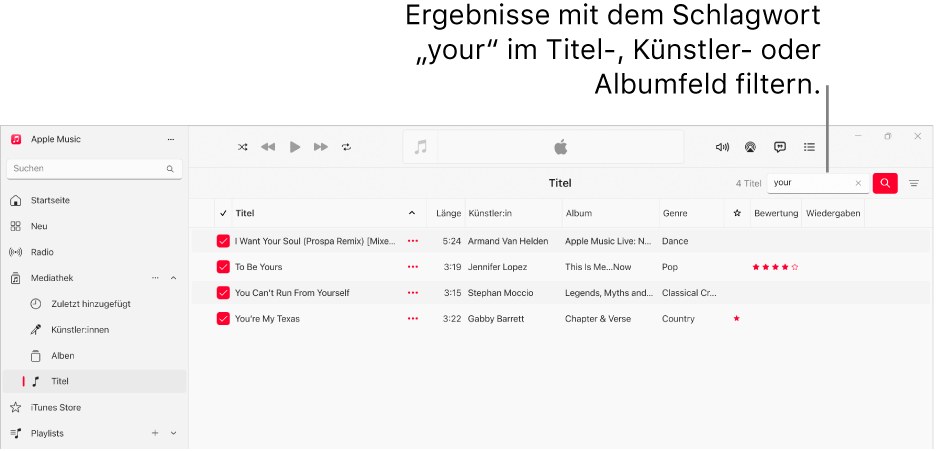 Das Fenster von Apple Music zeigt die Liste der Musiktitel, die angezeigt werden wenn „love“ in das Filterfeld oben rechts eingegeben wird. Bei den Titeln in der Liste kommt das Wort„love“ im Titel, im Namen des:der Künstler:in oder im Albumnamen vor.