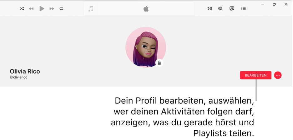 Die Profilseite in Apple Music: auf der rechten Seite des Fensters befindet sich die Taste „Bearbeiten“, die du auswählen kannst, um dein Profil zu bearbeiten, auszuwählen, wer deinen Aktivitäten folgen kann, anzuzeigen, was du hörst, und Playlists zu teilen.