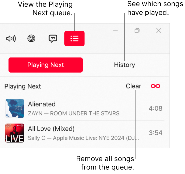 The top-right corner of the Apple Music window with the Playing Next button at the top of the Playing Next queue. The History button is to the right of the Playing Next button. Select the History button to see the previously played songs. The Clear link is below the History button. Select the Clear link to remove all songs from the queue.