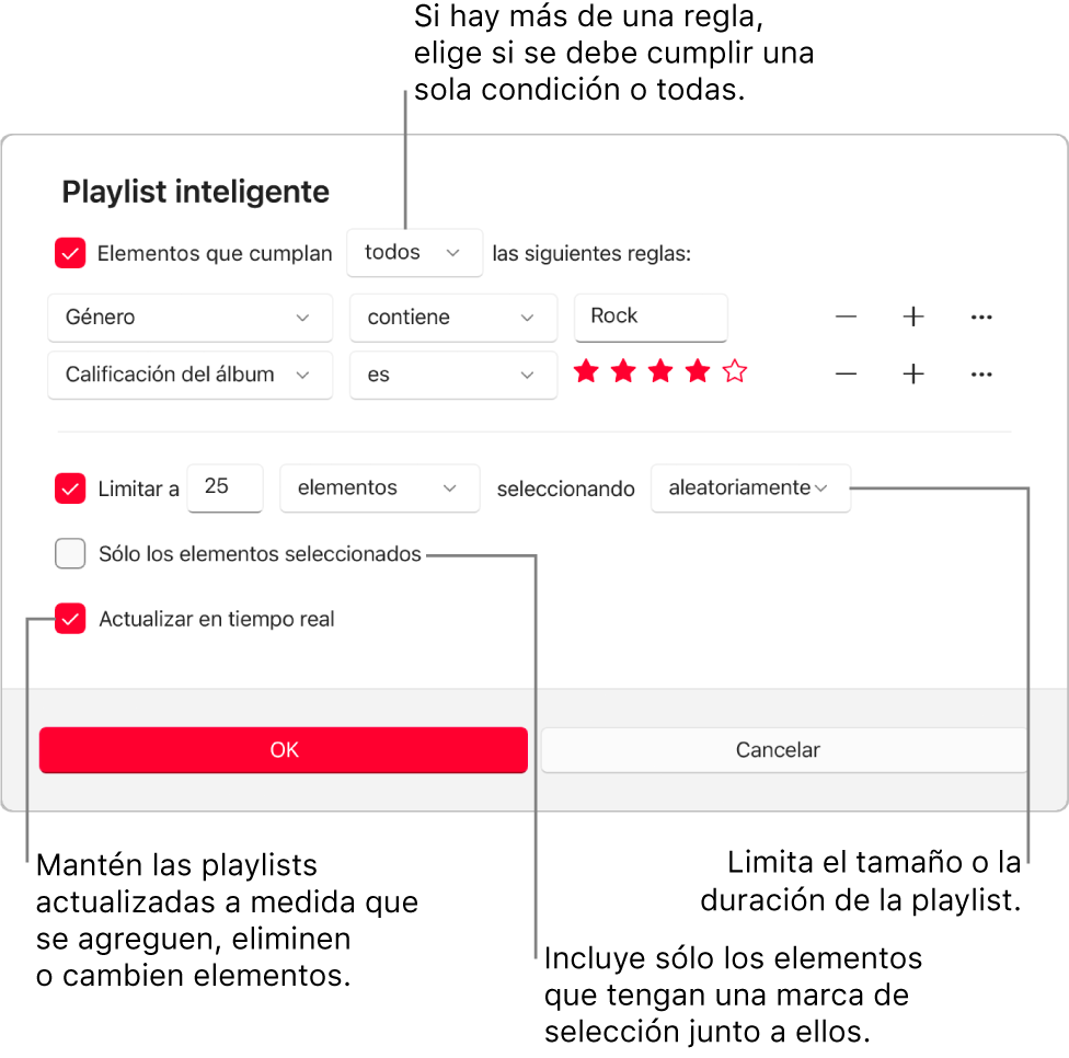 El diálogo de la playlist inteligente: En la esquina superior izquierda, selecciona Incluir elementos y especifica los criterios de la playlist (por ejemplo, un género o calificación). Continúa agregando o eliminando reglas seleccionando el botón Agregar o Eliminar, disponible a la derecha. Selecciona varias opciones en el área inferior del diálogo, por ejemplo, puedes limitar el tamaño o la duración de la playlist, incluir sólo las canciones seleccionadas o hacer que la app Apple Music actualice la playlist como elementos en tu cambio de biblioteca.