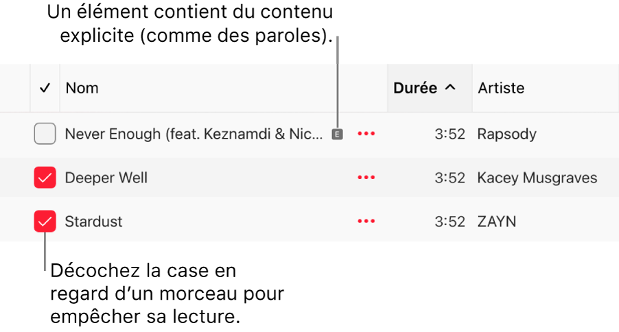 Détail de la liste des morceaux dans Apple Music, avec les cases et un symbole explicite pour le premier morceau indiquant qu’il contient du contenu explicite, comme ses paroles. Décochez la case en regard d’un morceau pour empêcher la lecture de ce dernier.