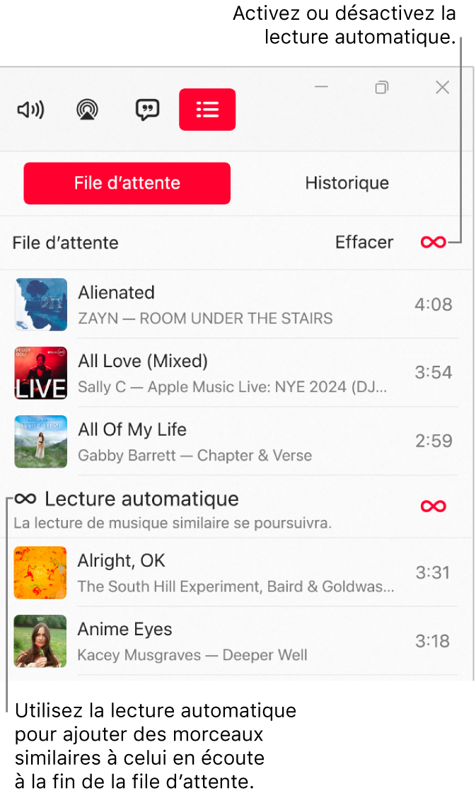 La file dʼattente Suivant, affichant une liste des morceaux suivants et lʼicône de la lecture automatique à droite. Sélectionnez lʼicône de la lecture automatique pour activer ou désactiver cette fonctionnalité. Lorsque la lecture automatique est activée, des morceaux similaires sont ajoutés à la fin de la file d’attente.