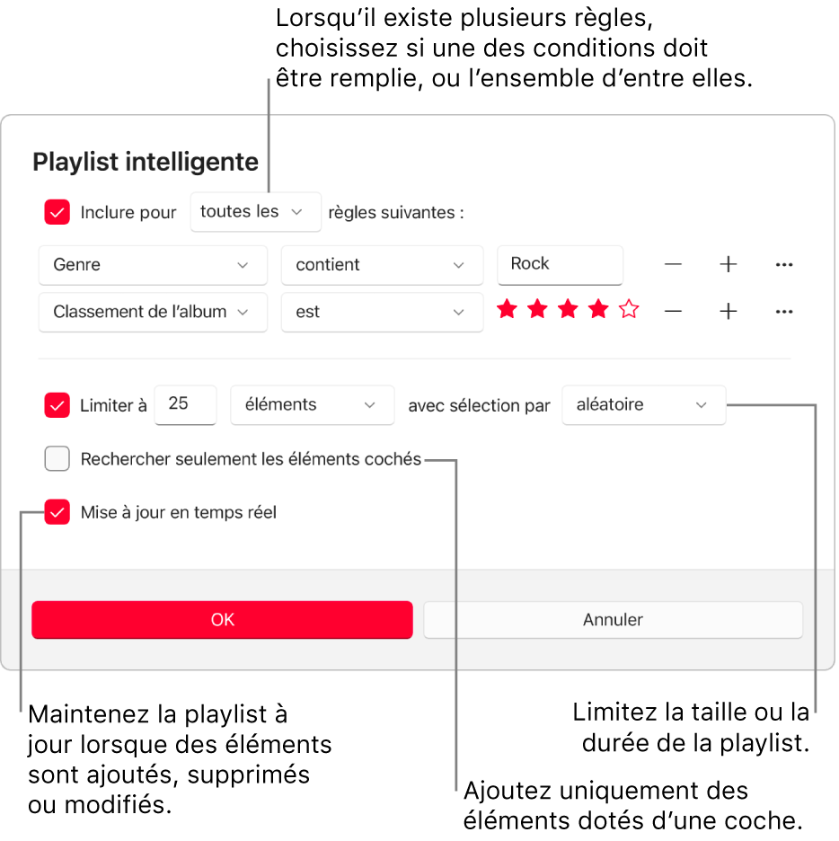 La zone de dialogue « Playlist intelligente » : Dans le coin supérieur gauche, sélectionnez Inclure, puis indiquez les critères de la playlist (comme Genre ou Classement). Continuez à ajouter ou supprimer des règles en sélectionnant le bouton Ajouter ou Supprimer à droite. Sélectionnez différentes options dans la partie inférieure de la zone de dialogue, comme la limitation de la taille ou de la durée d’une playlist, l’utilisation exclusive des éléments cochés ou la mise à jour de la playlist par Apple Music lorsque votre bibliothèque est modifiée.