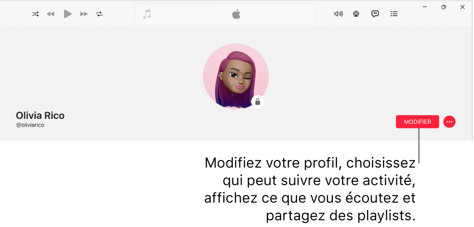 La page de profil dans Apple Music : Sur le côté droit de la fenêtre se trouve le bouton Modifier, qui vous sert à modifier votre profil, choisir qui peut suivre votre activité, afficher ce que vous écoutez et partager des playlists.