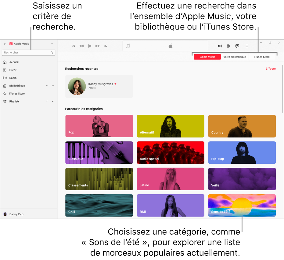 La fenêtre Apple Music, avec le champ de recherche dans le coin supérieur gauche, la liste de catégories au centre de la fenêtre et les boutons « Apple Music », « Votre bibliothèque » et « iTunes Store » dans le coin supérieur droit.