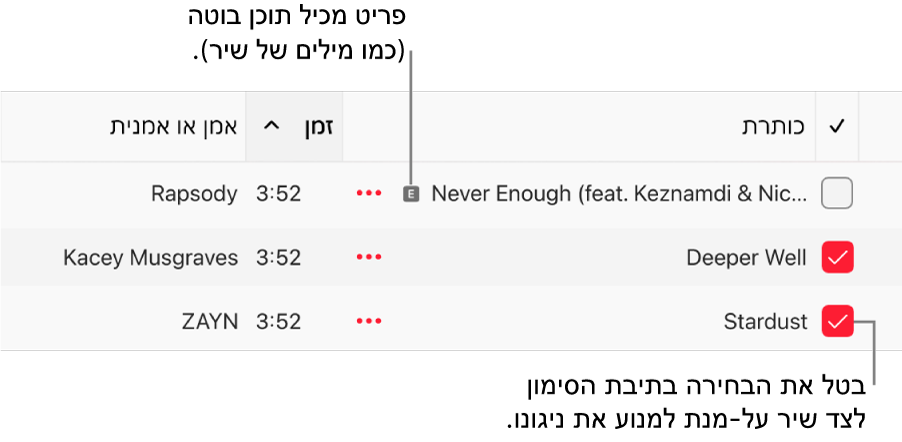 פרט מתוך רשימת השירים ב-Apple Music המציג את תיבות הסימון ואת סמל התוכן הבוטה ליד השיר הראשון (המציין שהוא כולל תוכן בוטה, למשל במילים.) בטל/י את הבחירה בתיבת הסימון שמופיעה ליד שיר כדי למנוע את הניגון שלו.