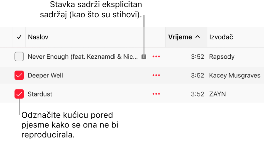 Detalj popisa s pjesma u aplikaciji Apple Music, s prikazanim potvrdnim kućicama s lijeve strane i eksplicitnim simbolom za prvu pjesmu (koja ukazuje da ima eksplicitan sadržaj poput stihova). Odznačite kućicu pored pjesme za sprečavanje reprodukcije.