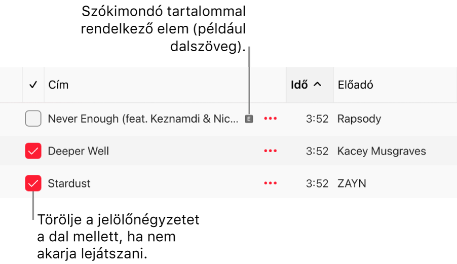 A dallista részlete az Apple Music appban, bal oldalon a jelölőnégyzetek képével és egy szókimondó szimbólummal az első dal mellett (ezzel jelölve, hogy szókimondó tartalommal, például dalszöveggel rendelkezik). A lejátszás kihagyásához törölje a dal melletti jelölőnégyzet jelölését.