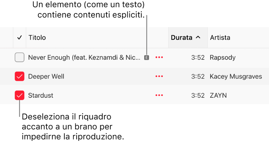 Dettaglio dell’elenco dei brani in Apple Music, con i riquadri e un simbolo esplicito per il primo brano (indicante che il brano ha contenuti espliciti ad esempio nel testo). Deseleziona il riquadro accanto a un brano per impedirne la riproduzione.