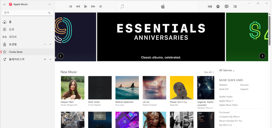iTunes Store 메인 윈도우: 사이드바에 iTunes Store가 하이라이트되어 있음.
