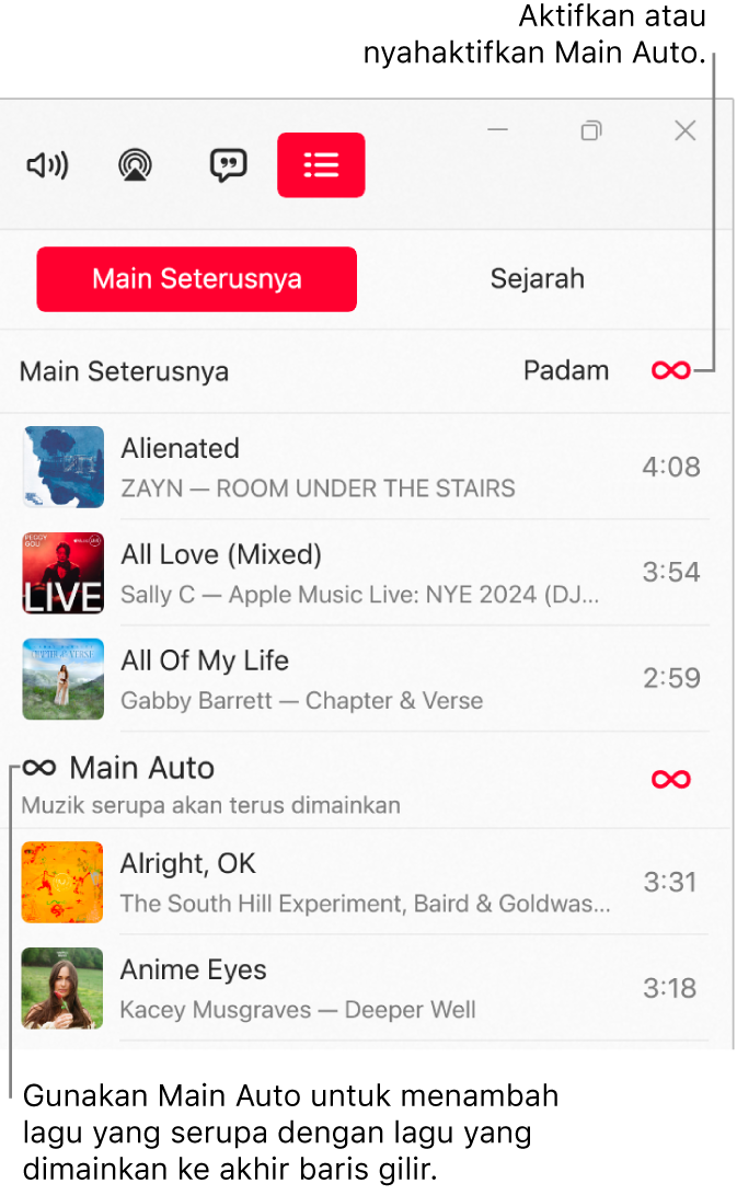 Baris gilir Main Seterusnya, menunjukkan senarai akan datang dan ikon Main Auto di sebelah kanan. Pilih ikon Main Auto untuk mengaktifkan atau menyahaktifkannya. Apabila Main Auto aktif, lagu yang serupa ditambah ke penghujung baris gilir.
